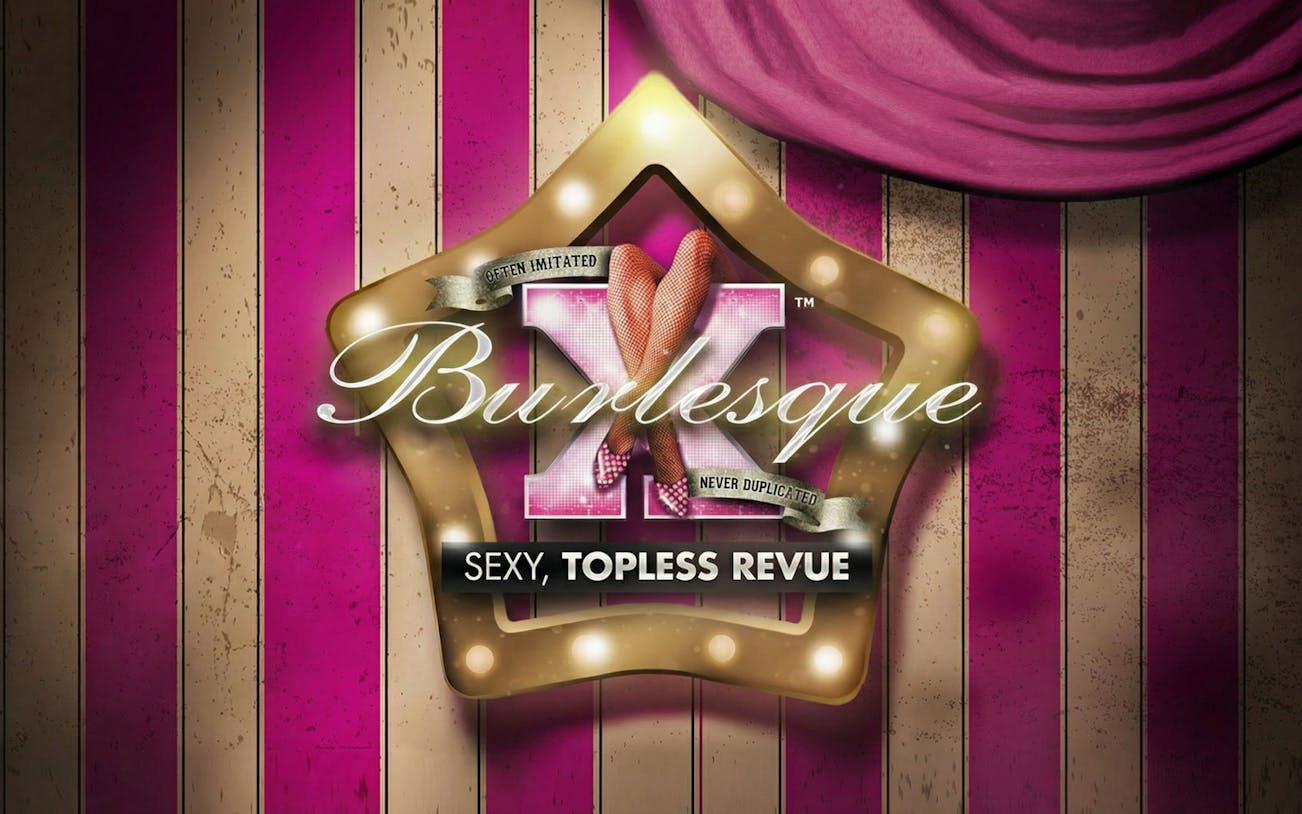 X Burlesque Vegas show logo with star and pink striped background.
