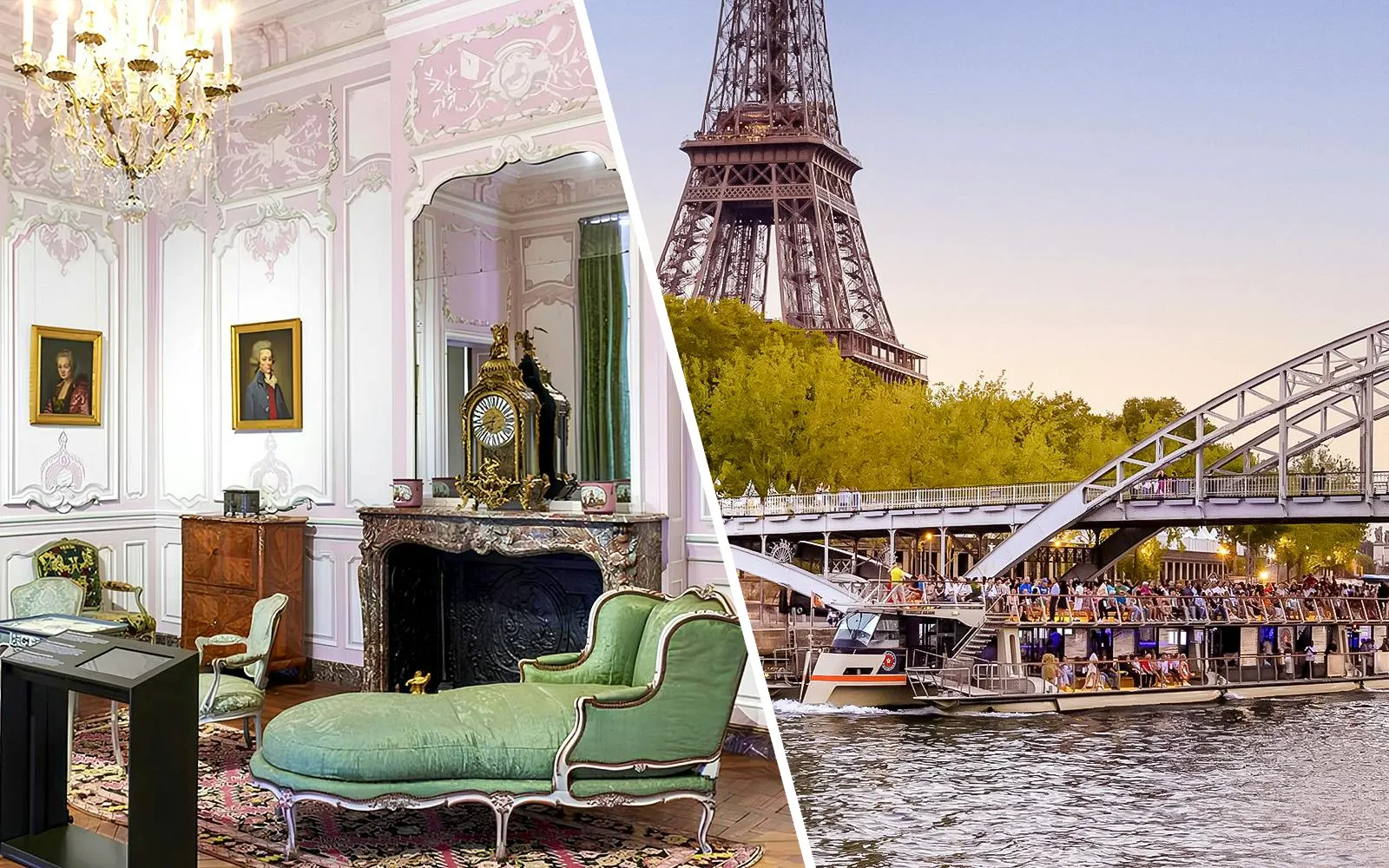 Carnavalet Museum interior and Seine River cruise with Eiffel Tower view in Paris.