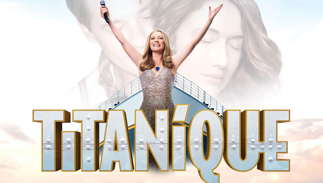 Titanique musical poster with performer holding a microphone on a ship's deck.