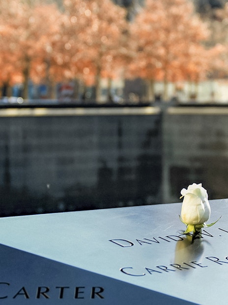 #White rose on 9/11 Memorial names panel in New York City.