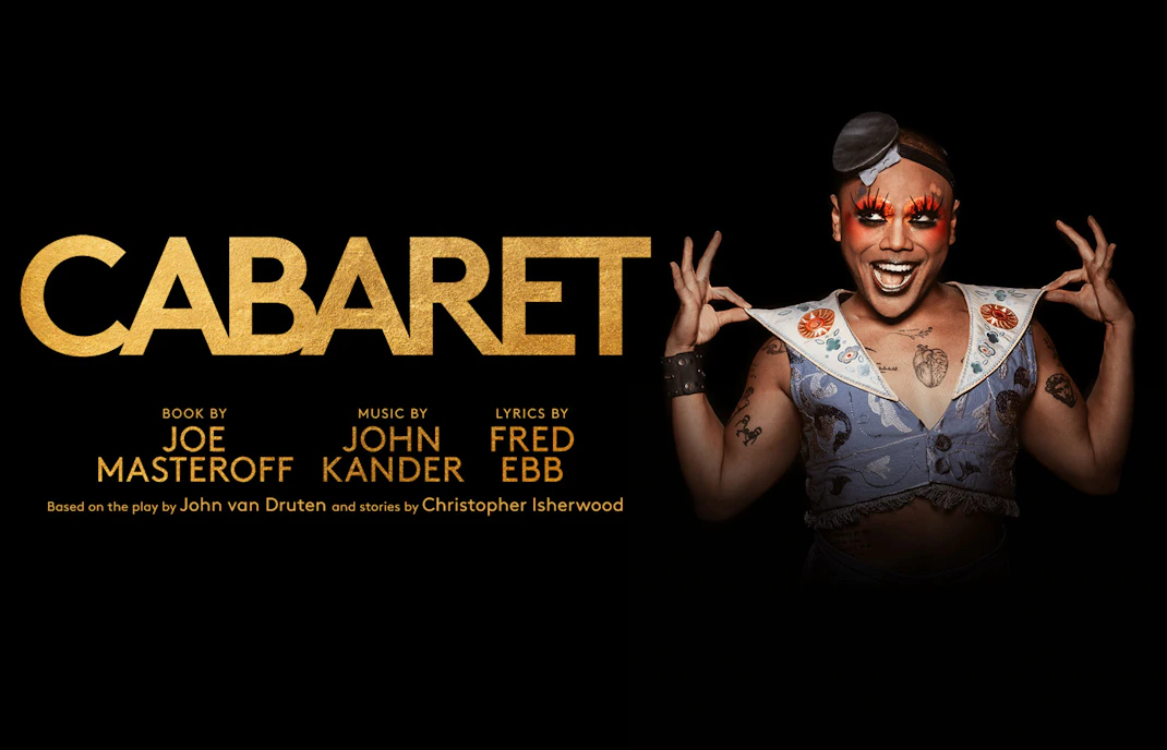 Cabaret performer in vibrant makeup and costume with the word "Cabaret" in gold text.