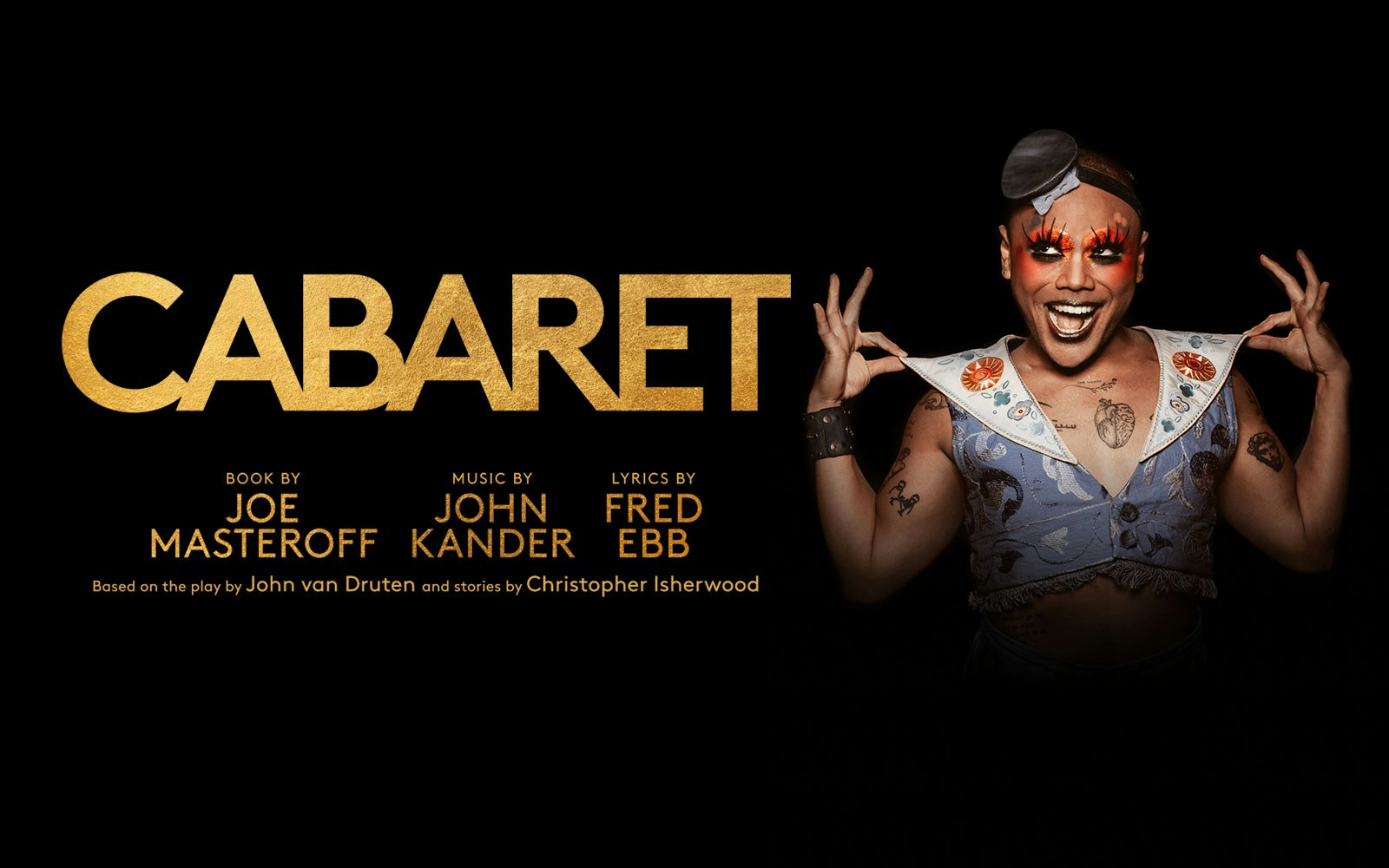 Cabaret performer in vibrant makeup and costume with the word "Cabaret" in gold text.