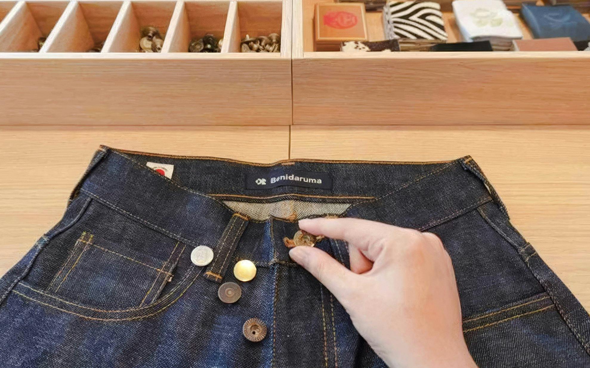 Hand selecting buttons for denim jeans at Harajuku, Tokyo experience.