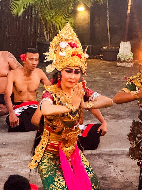 Performers in traditional Balinese attire enact a Ramayana scene.