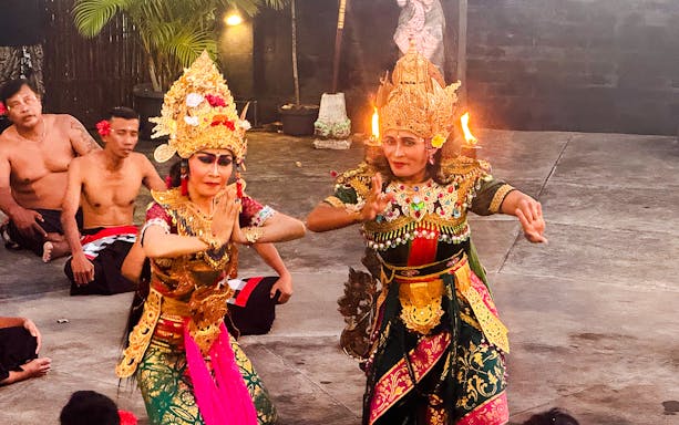 Performers in traditional Balinese attire enact a Ramayana scene.