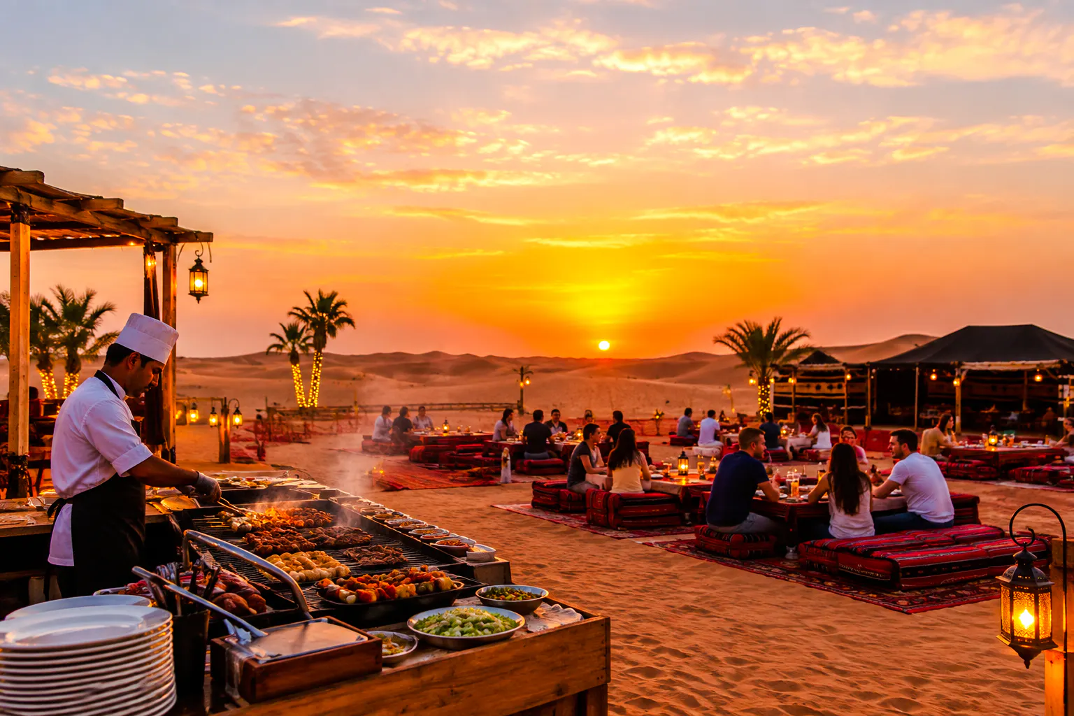 Chef grilling food at sunset during Dubai Elite Red Dune Safari BBQ, with guests dining on desert cushions.