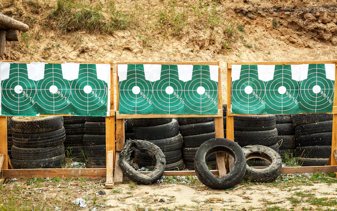Shooting range targets with tires at an outdoor extreme shooting range.