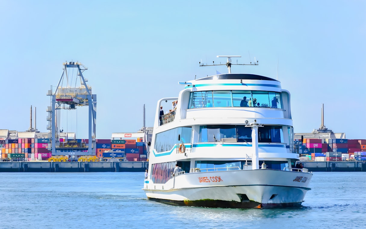 Cruise ship in Rotterdam harbor with shipping containers and cranes in the background.