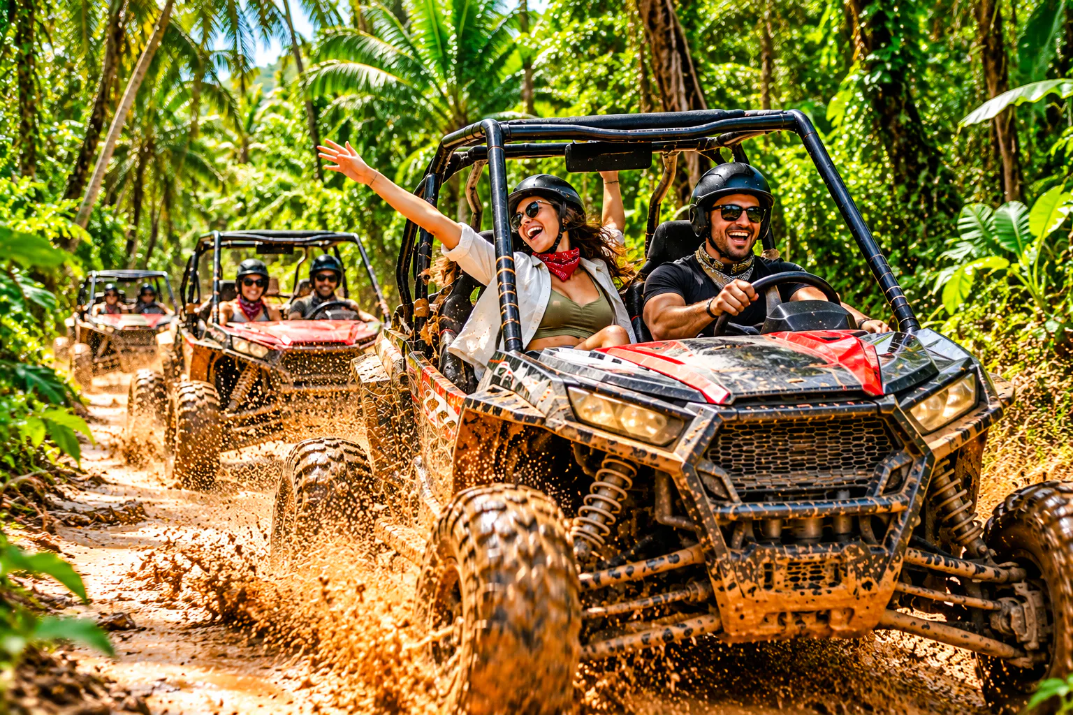 Tourists driving buggies through a muddy jungle trail in Punta Cana.