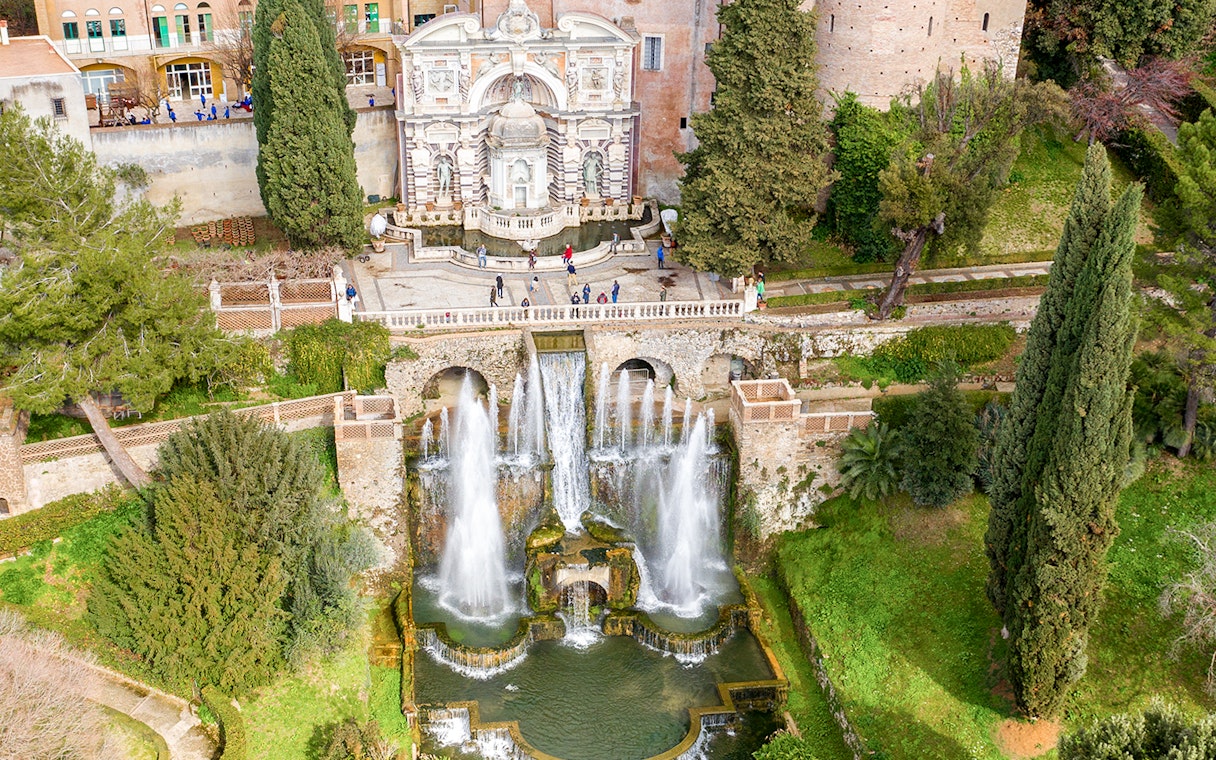 Aerial view of Villa d’Este gardens with fountains in Tivoli, Italy.