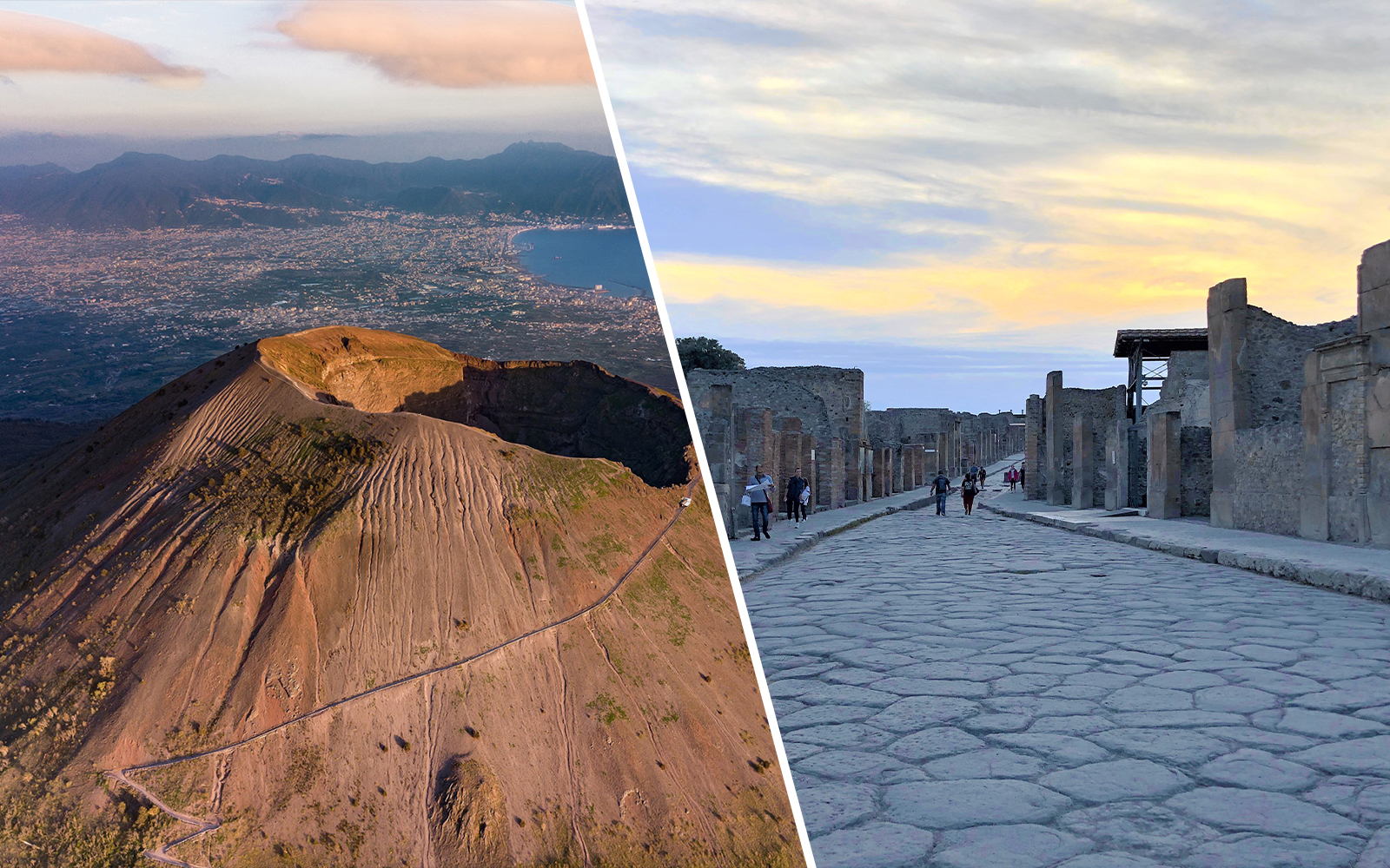 Mount Vesuvius crater and ancient street in Pompeii, Italy.