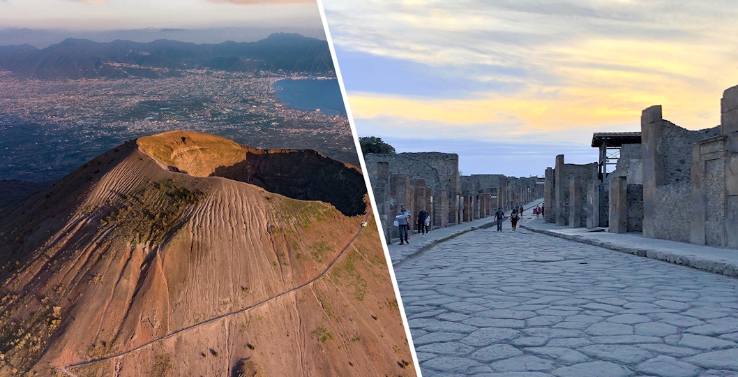 Mount Vesuvius crater and ancient street in Pompeii, Italy.