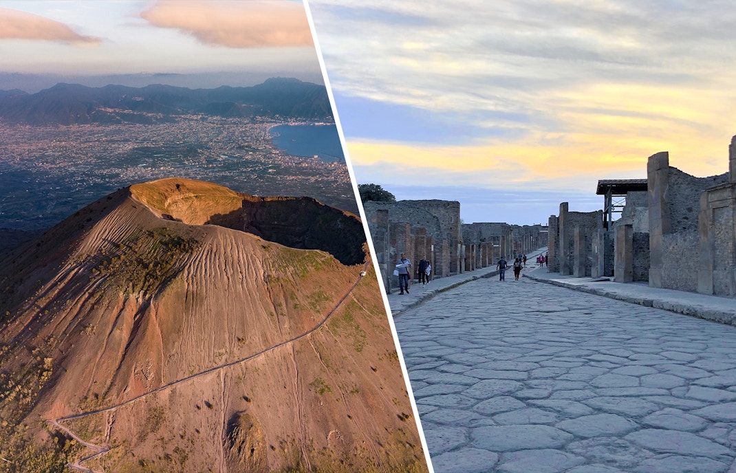 Mount Vesuvius crater and ancient street in Pompeii, Italy.