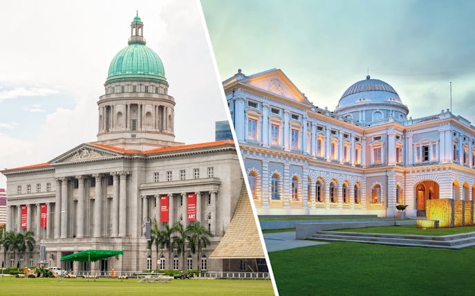 National Gallery Singapore exterior with dome and red banners.