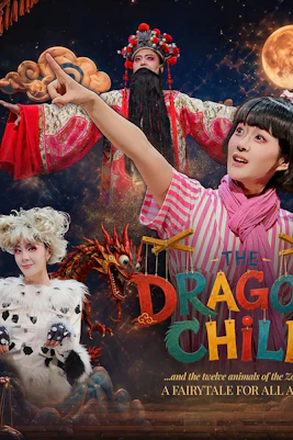 Performance poster for The Dragon Child in Sydney featuring colorful characters and mythical creatures.