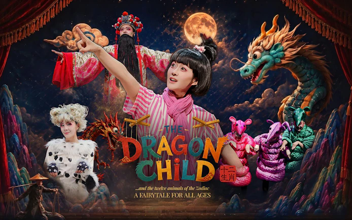 Performance poster for The Dragon Child in Sydney featuring colorful characters and mythical creatures.