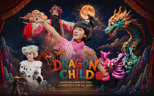 Performance poster for The Dragon Child in Sydney featuring colorful characters and mythical creatures.