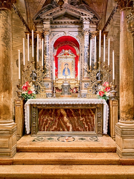 St. Mark's Basilica altar with ornate decorations and religious iconography in Venice, Italy.