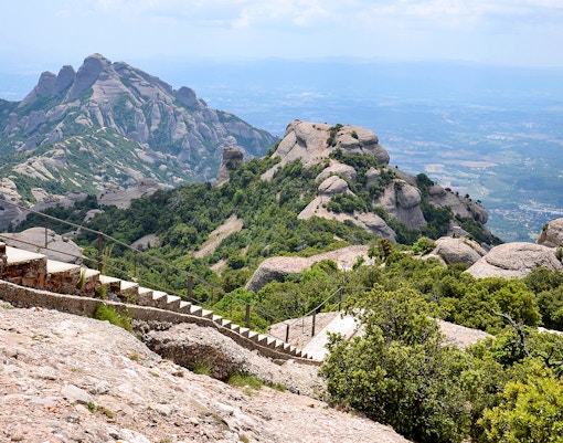 Sant Jeroni Trail, Panoramic view over Montserrat, a multi-peaked mountain range near Barcelona, in Catalonia, Spain.