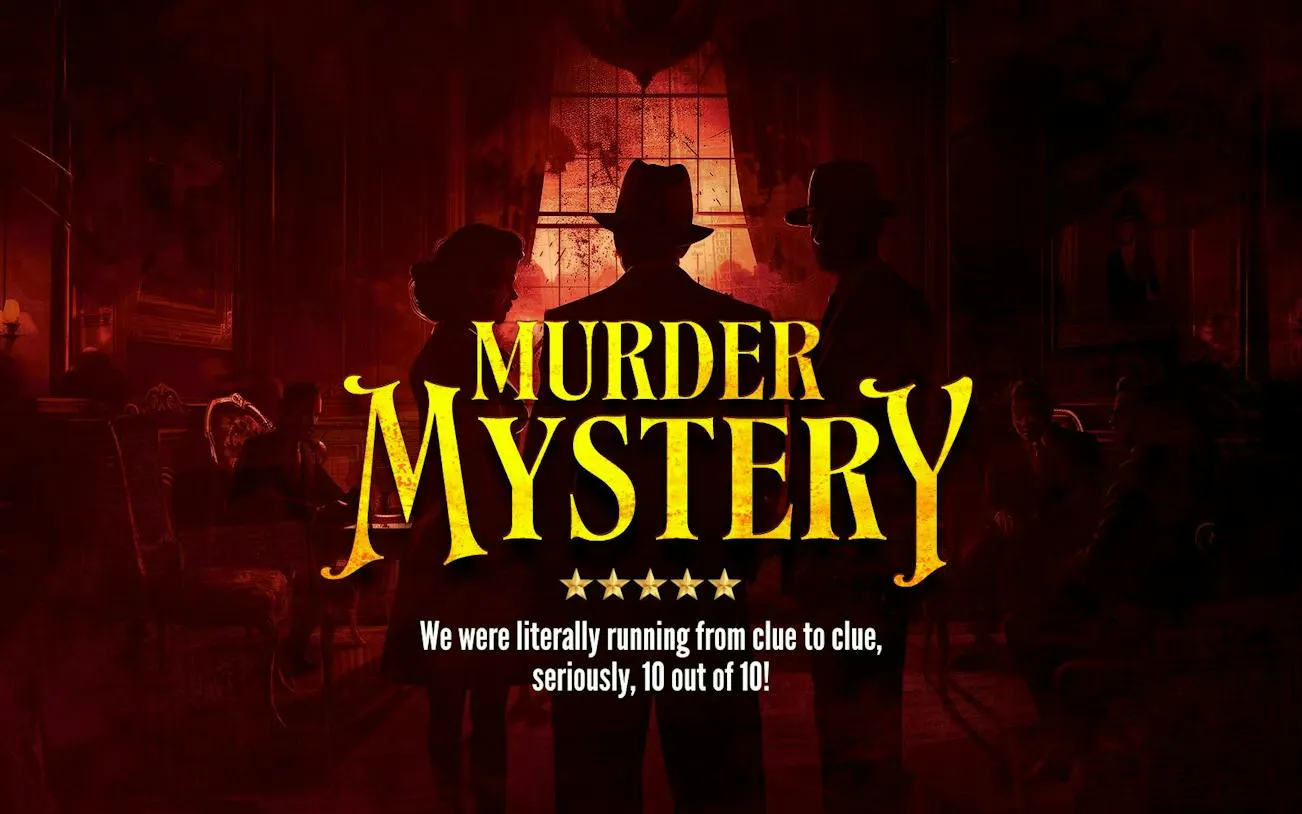 Belfast Murder Mystery game poster with silhouettes of three detectives in a dimly lit room.