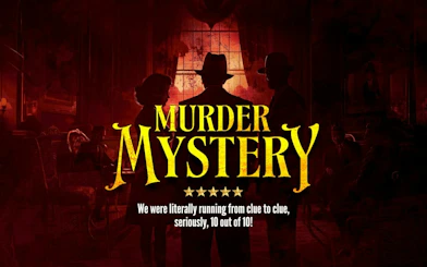 Belfast Murder Mystery game poster with silhouettes of three detectives in a dimly lit room.