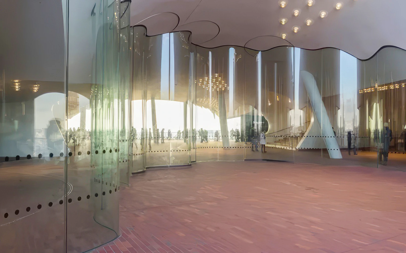 Curved glass walls at Elbphilharmonie Plaza, Hamburg, reflecting visitors and cityscape.