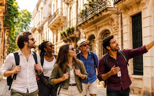 Group exploring historic street in Tangier, guided tour beyond the Medina.