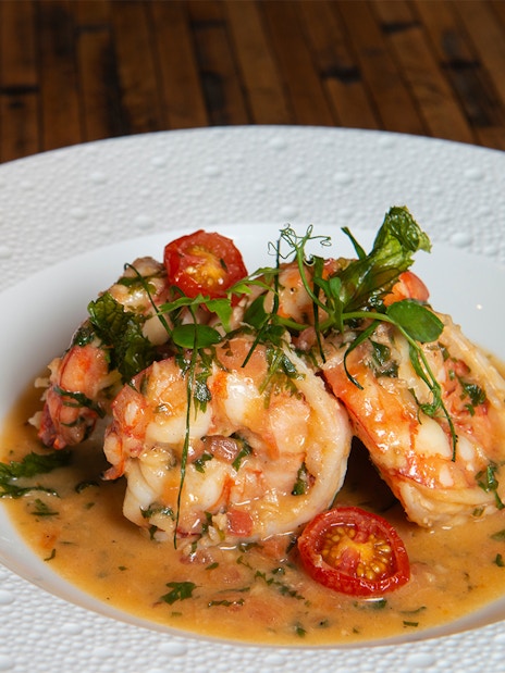 Shrimp dish with cherry tomatoes and herbs, part of Crimson Set Lunch in Combo: Bird Paradise Tickets.