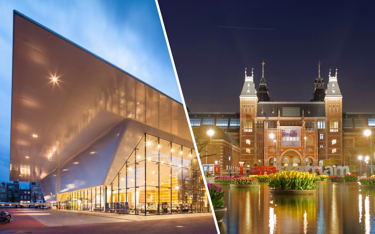 Stedelijk Museum and Rijksmuseum in Amsterdam, evening view.