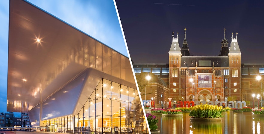 Stedelijk Museum and Rijksmuseum in Amsterdam, evening view.