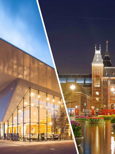 Stedelijk Museum and Rijksmuseum in Amsterdam, evening view.