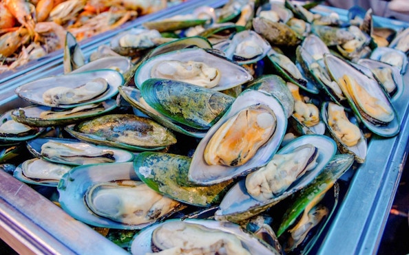 Seafood buffet featuring fresh mussels on Royal Princess Cruise.