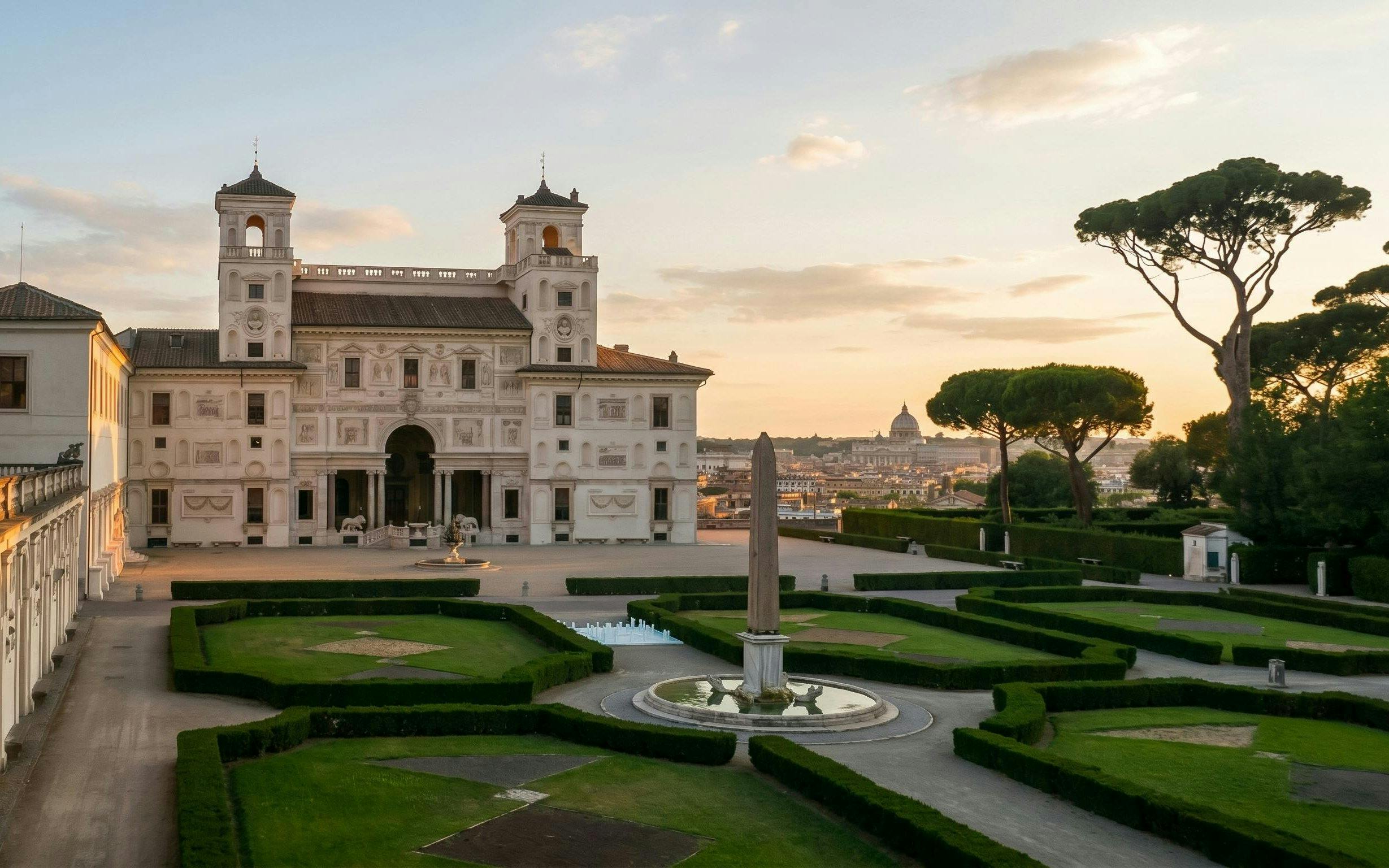 Villa Medici in Rome with gardens and cityscape at sunset.