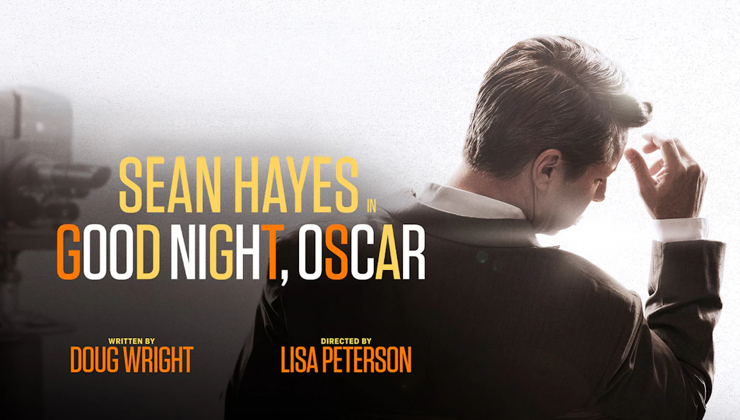 Sean Hayes in Good Night Oscar promotional poster with camera in background.