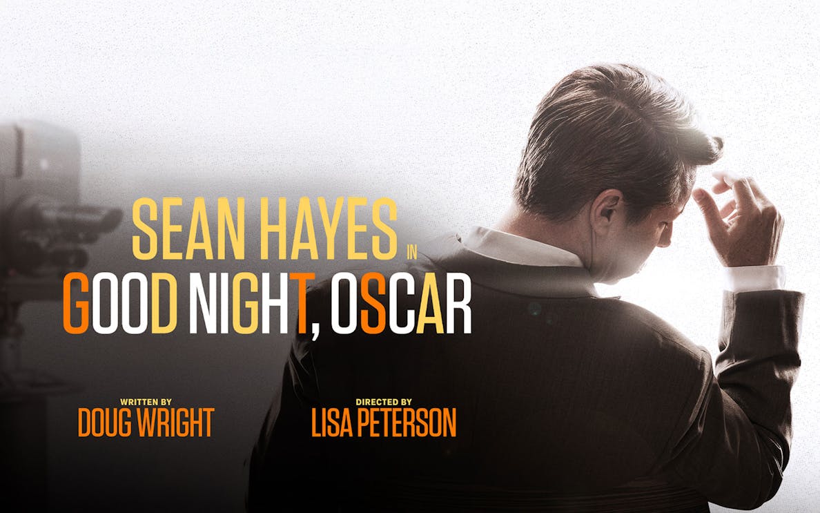 Sean Hayes in Good Night Oscar promotional poster with camera in background.