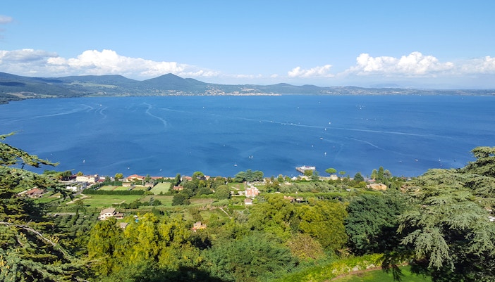 Lake Bracciano with distant view of Italian countryside.