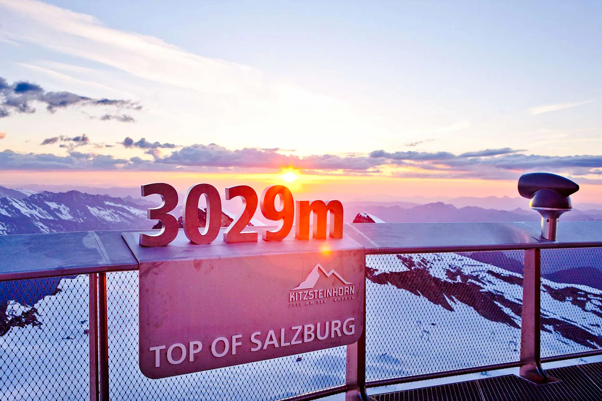 Kitzsteinhorn summit view at 3029m with sunset, Salzburg.