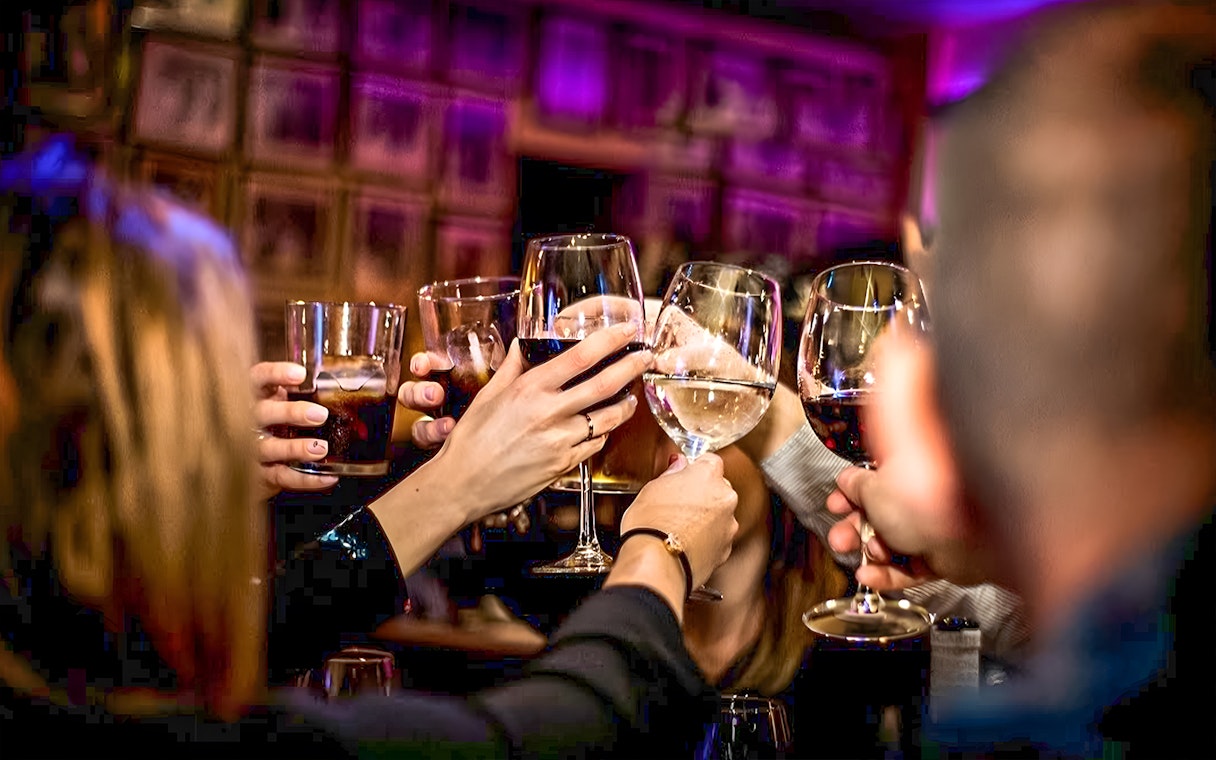 Guests toasting with drinks at Flamenco Show, Tablao El Toro y la Luna.