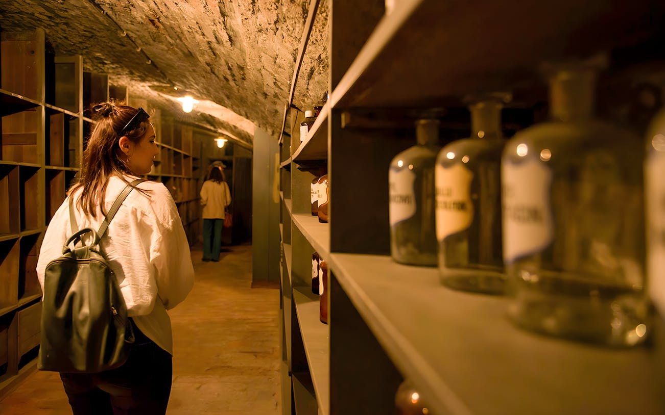 Tourists exploring the Historical Pharmacy Cellar in Vienna with a guide, viewing antique bottles.