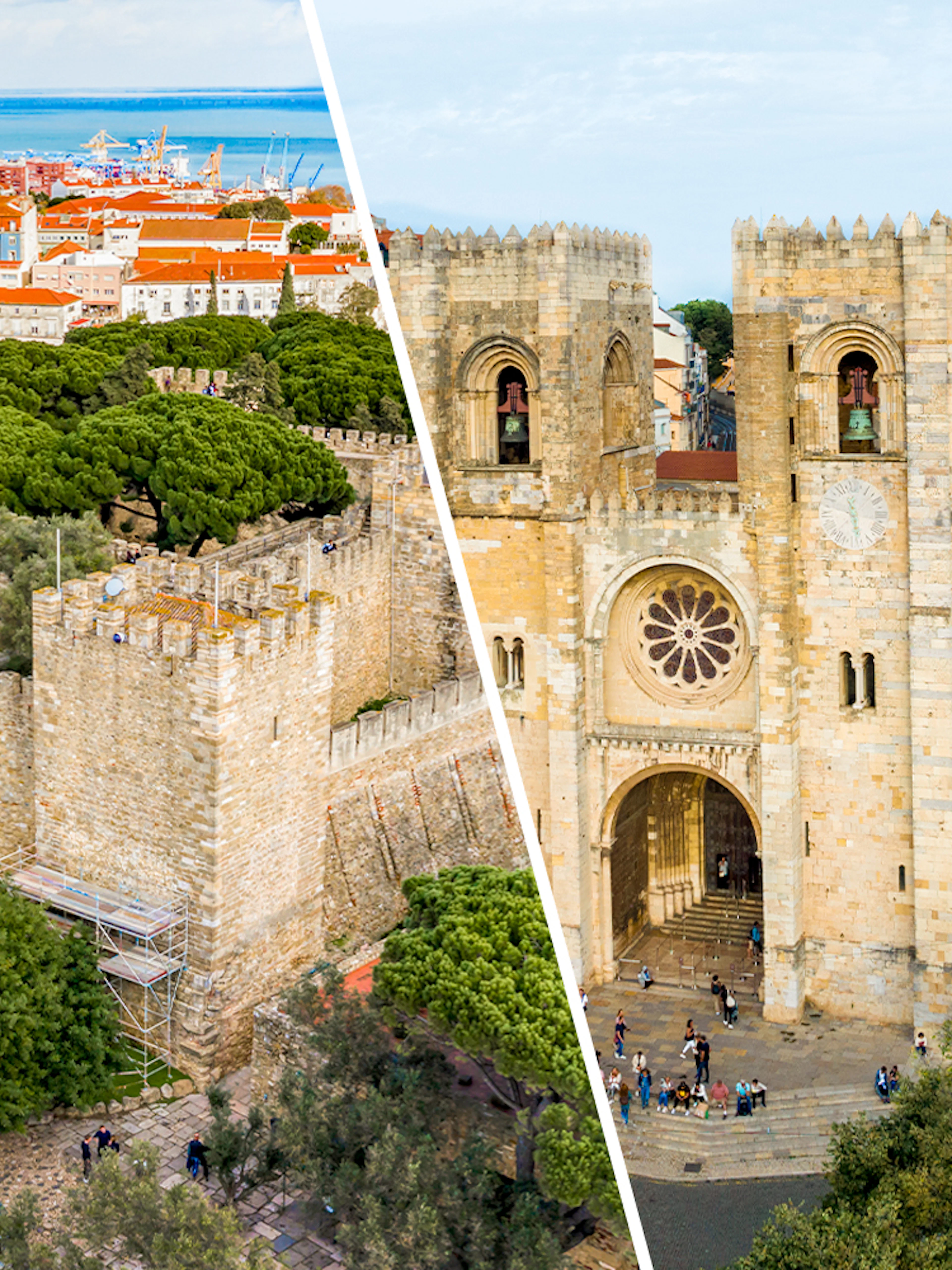 Sao Jorge Castle and Lisbon Cathedral with cityscape and ocean in Lisbon, Portugal.