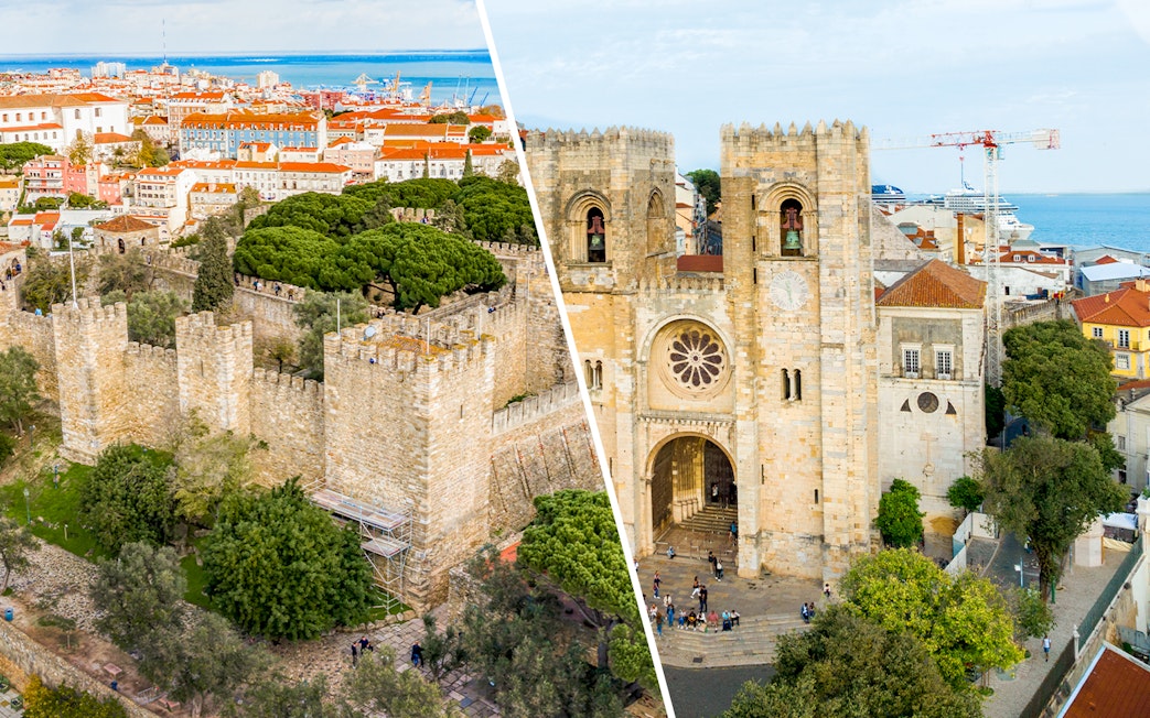 Sao Jorge Castle and Lisbon Cathedral with cityscape and ocean in Lisbon, Portugal.