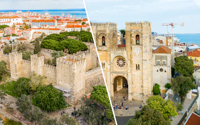 Sao Jorge Castle and Lisbon Cathedral with cityscape and ocean in Lisbon, Portugal.