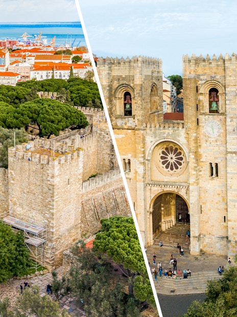 Sao Jorge Castle and Lisbon Cathedral with cityscape and ocean in Lisbon, Portugal.
