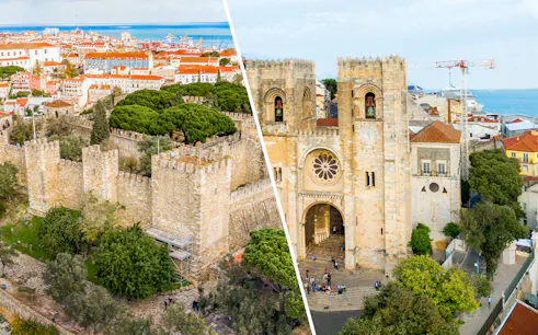 Sao Jorge Castle and Lisbon Cathedral with cityscape and ocean in Lisbon, Portugal.