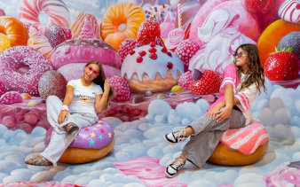 Visitors sitting on donut seats surrounded by candy-themed decor at Sweet Museum, Big Fun Museum, Barcelona.
