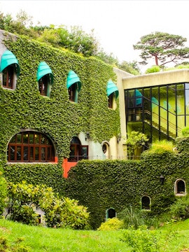 Studio Ghibli Museum exterior with ivy-covered walls and arched windows in Mitaka, Japan.