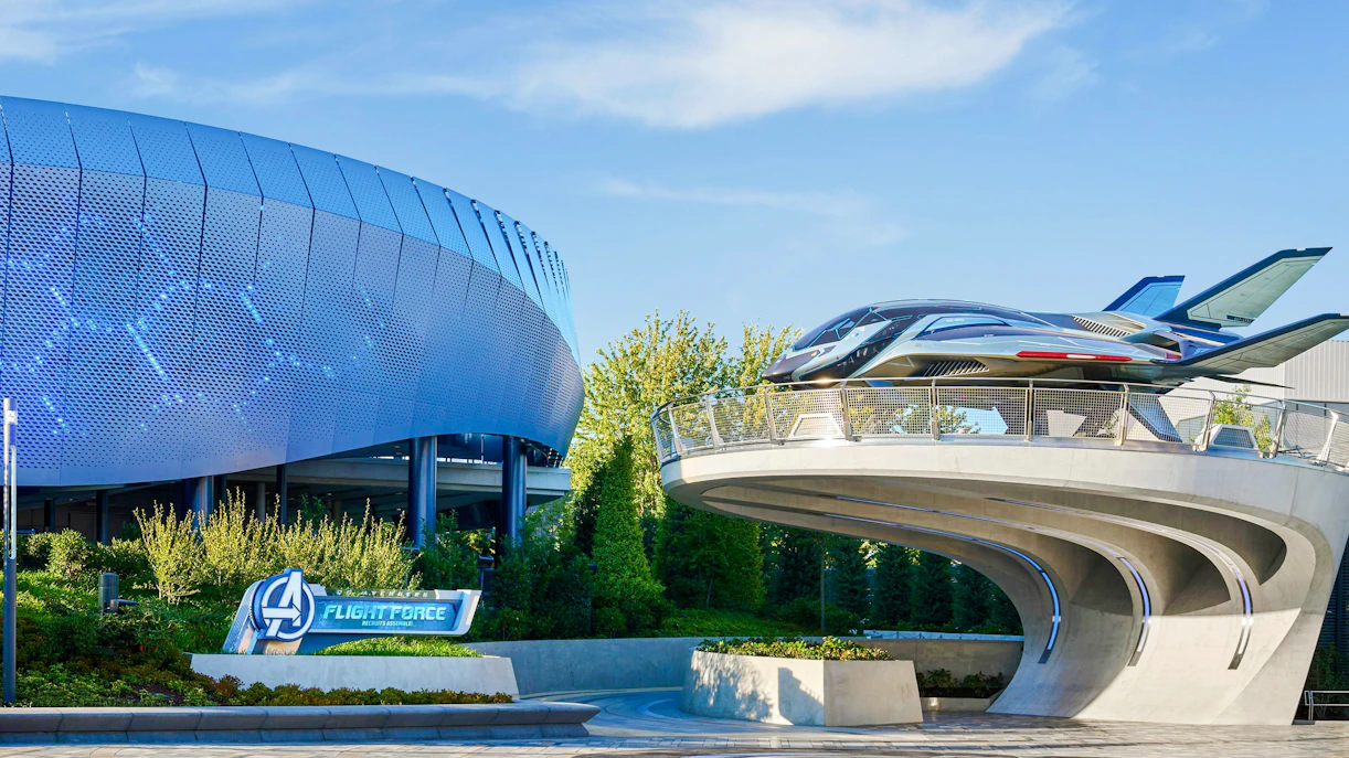 Avengers Campus Quinjet display at Disneyland Park, Disney® Adventure World.