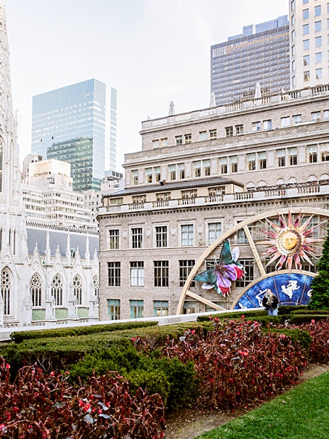 Rooftop garden view with St. Patrick's Cathedral and Rockefeller Center, New York City.