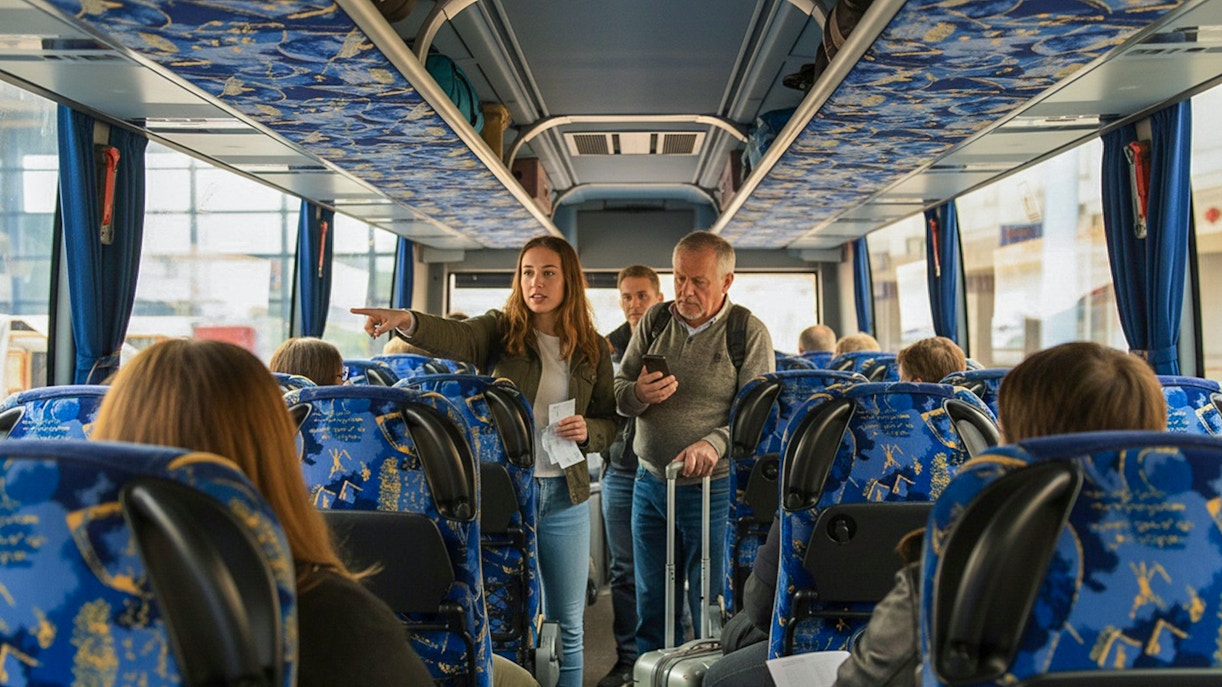 Guests on a coach transfer during Bovilla Lake and Gamti Mountain hiking tour.