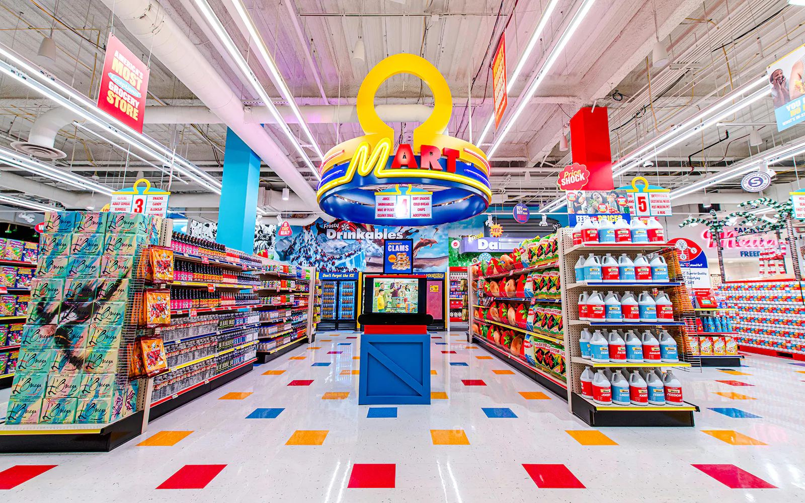 Omega Mart interior with colorful aisles and unique product displays in Las Vegas.